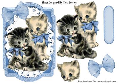 Vintage Kittens with Blue Bows on a Frame with Lace