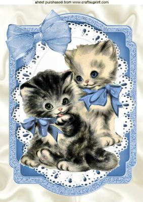 Vintage Kittens with Blue Bow on Lace A4