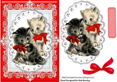 Pretty Vintage Kittens in Red Bows on Lace