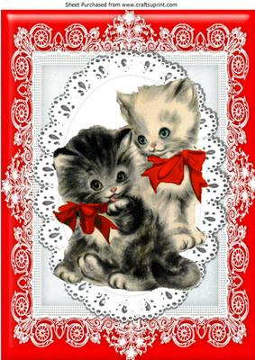 Pretty Vintage Kittens in Red Bows on Lace A4