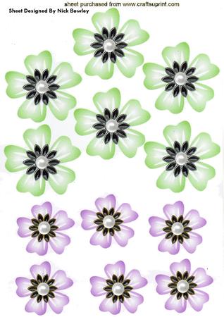 Pretty Green and Lilac Flowers with Pearls Emb