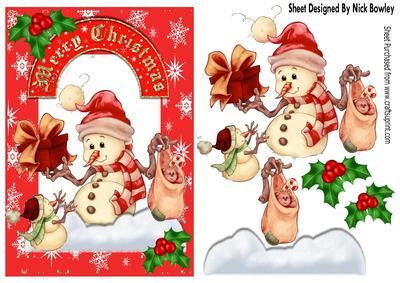 Snowman in the Snow with Presents and Holly