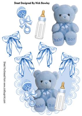 Little Blue Teddy with Bottle and Rattle on Frilly Bib