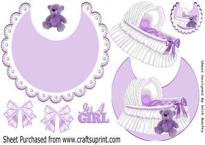 Baby Girls Lilac Bassinet with Teddy on Lace Bib