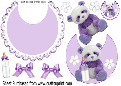 Little Purple Bear with Bottle on Lace Bib with Bows