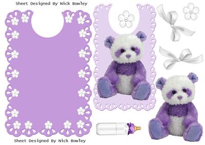 Little Purple Bear with Bottle & White Flowers on a Bib