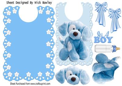 Cute Little Blue Puppy with Flowers and Bows on a Bib