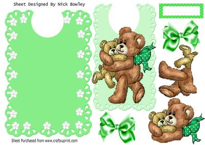 Fur Baby Bear with Mummy on Green Lace Bib with Bows