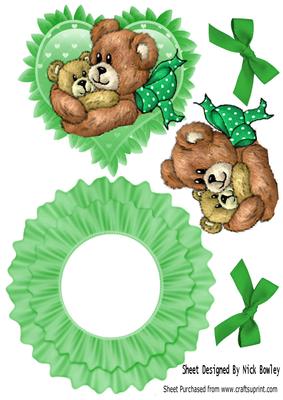 Mummy and Little Fur Bear on a Green Frilly Heart Rocker