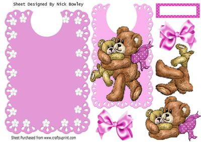 Fur Baby Bear with Mummy on Pink Lace Bib with Bows