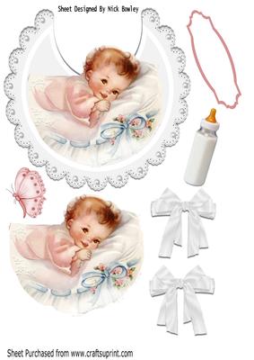 Smiling Baby Girl on White Lace Bib with Bows