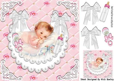 Baby Girl on Pearl and White Lace Bib with White Bows 8x8