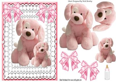 Pink Mother and Baby Puppy in Lace Frame with Bows