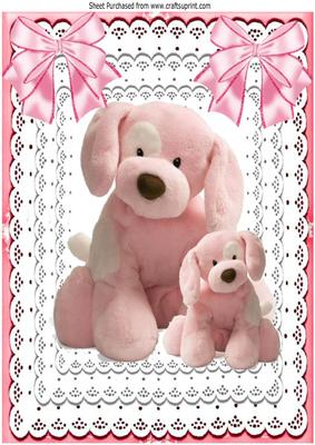 Pink Mother and Baby Puppy in Lace Frame with Bows A4