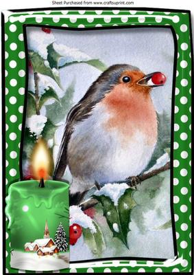 A Lovely Robin with Red Berries in the Snow with Candle A4