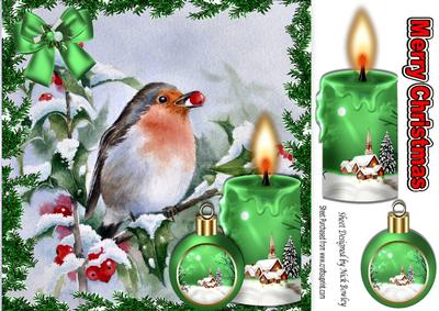 Robin with Red Berries in the Snow & Candles 8x8