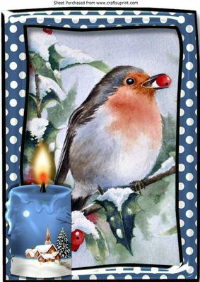 Lovely Robin with Blue Candle in the Snow A4