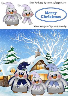 Lovely Penguin Family in the Snow with Cottage 8x8
