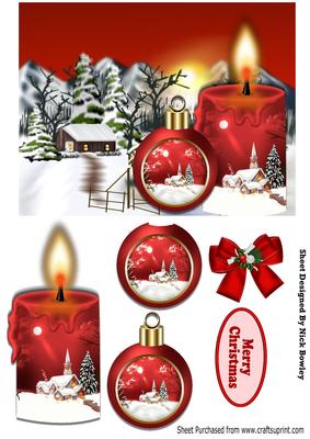 Lovely Snow Scene with Cottage, Red Candle and Bauble