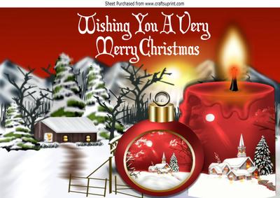 Lovely Snow Scene with Cottage, Red Candle and Bauble A4