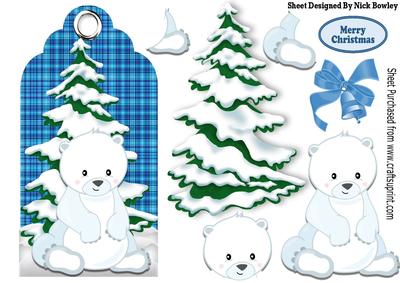 White Polar Bear and Snow Tree on Blue Tartan Tag