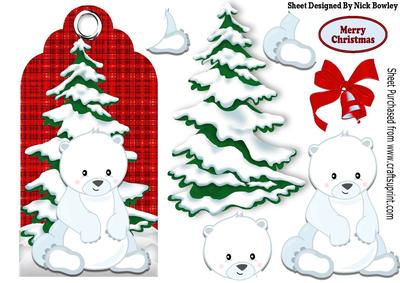 White Polar Bear and Snow Tree on Red Tartan Tag