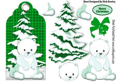 White Polar Bear and Snow Tree on Green Tartan Tag