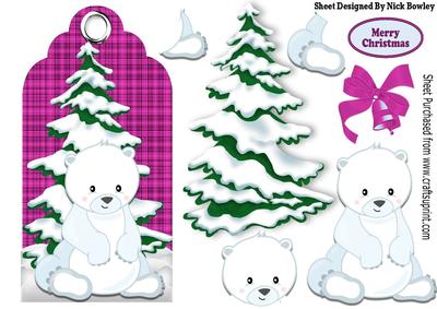 White Polar Bear and Snow Tree on Pink Tartan Tag