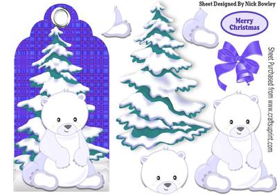 White Polar Bear and Snow Tree on Purple Tartan Tag