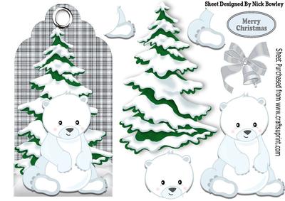 White Polar Bear and Snow Tree on Silver Tartan Tag