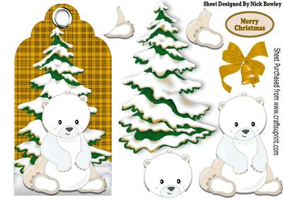 White Polar Bear and Snow Tree on Gold Tartan Tag