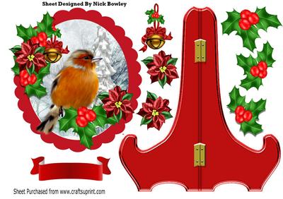 Lovely Red Robin with Holly and Poinsettias Plate & Stand