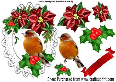 Lovely Red Robin with Holly and Poinsettias on Lace
