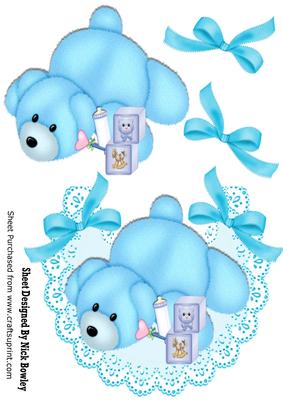 Blue Bear Laying Down with Playing Blocks on Lace Bib