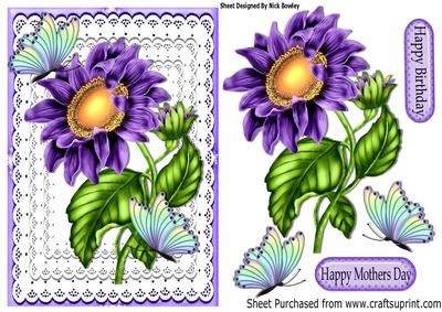Pretty Purple Sunflower on Lace with Rainbow Butterflies