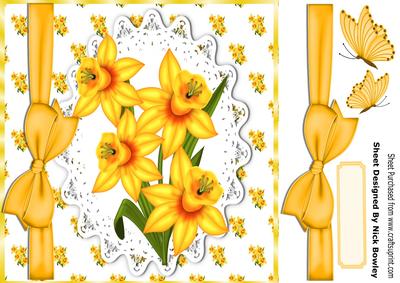 Golden Yellow Daffodils on Lace with Butterflies & Bow 8x8