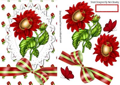 Pretty Red Sunflowers on Lace with Striped Bow