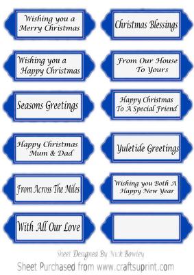 Various Christmas and Seasonal Sentiments on Blue Tags