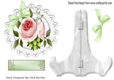 Pink Painted Rose with Bow on Lace Plate and Stand
