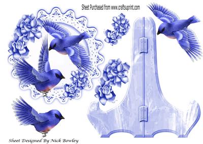 Pretty Blue Birds on Lace with Roses, Plate and Stand