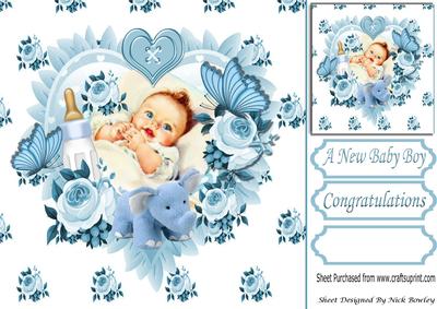 Our Darling Baby Boy, on Frill Heart with Blue Roses 8x8