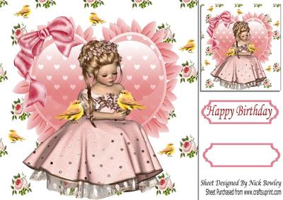 Pink Roses and Yellow Birds with Little Girl 8x8