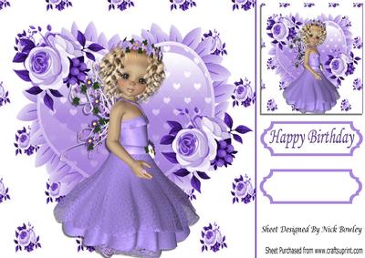 Pretty Girl Kneeling on Frill Heart with Purple Roses 8x8
