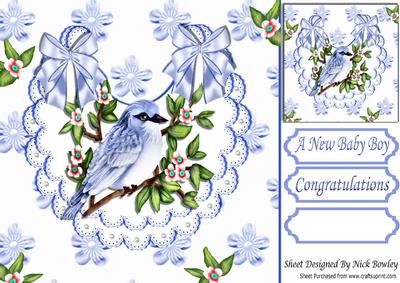 Pretty Blue Bird with Flowers on Lace Bib 8x8