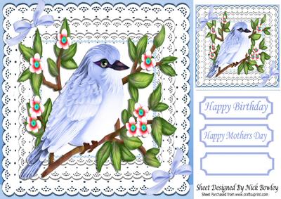 Pretty Blue Birds with Flowers with Bows on Lace 8x8