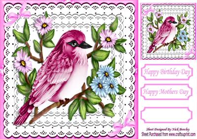 Pretty Pink Bird with Flowers with Bows on Lace 8x8