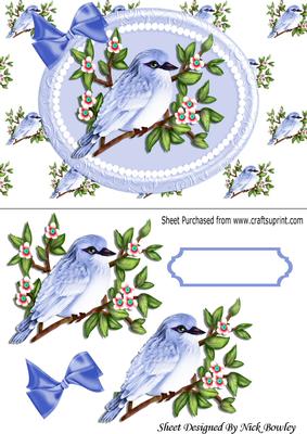 Pretty Bluebird on a Branch with Flowers in Pearl Frame