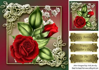 Beautiful Red Roses in Gold Ornate Frame 8x8