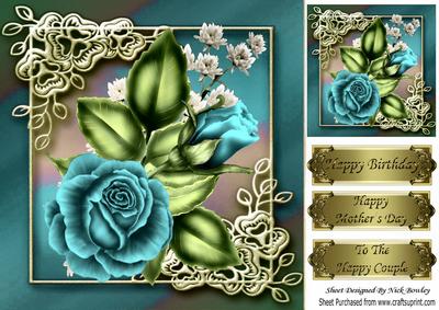 Pretty Turq Rose in Ornate Frame 8x8