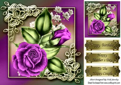 Pretty Cerise Rose in Ornate Frame 8x8